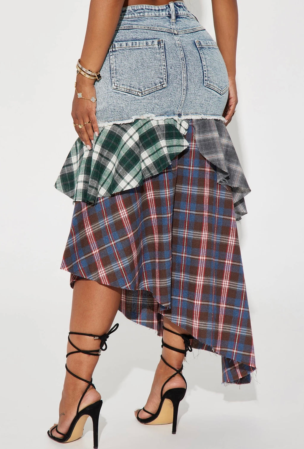 Denim+Plaid Skirt